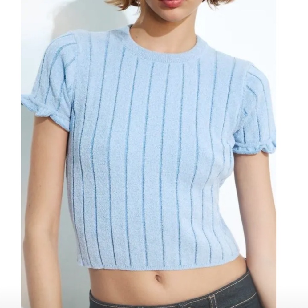 Zara Blue Ribbed Ruffled Short Sleeve Tee